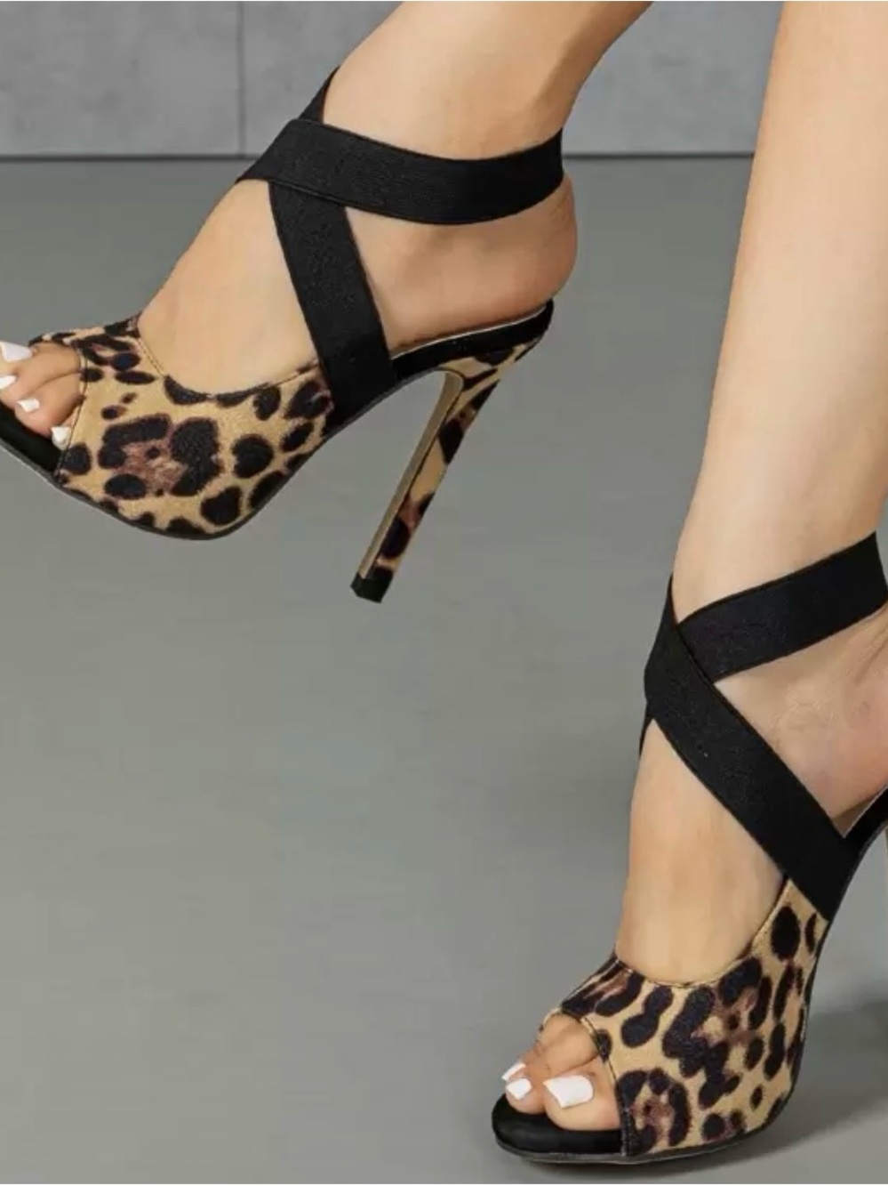 Leopard Print Peep-Toe Stiletto Heels with Black Cross Straps